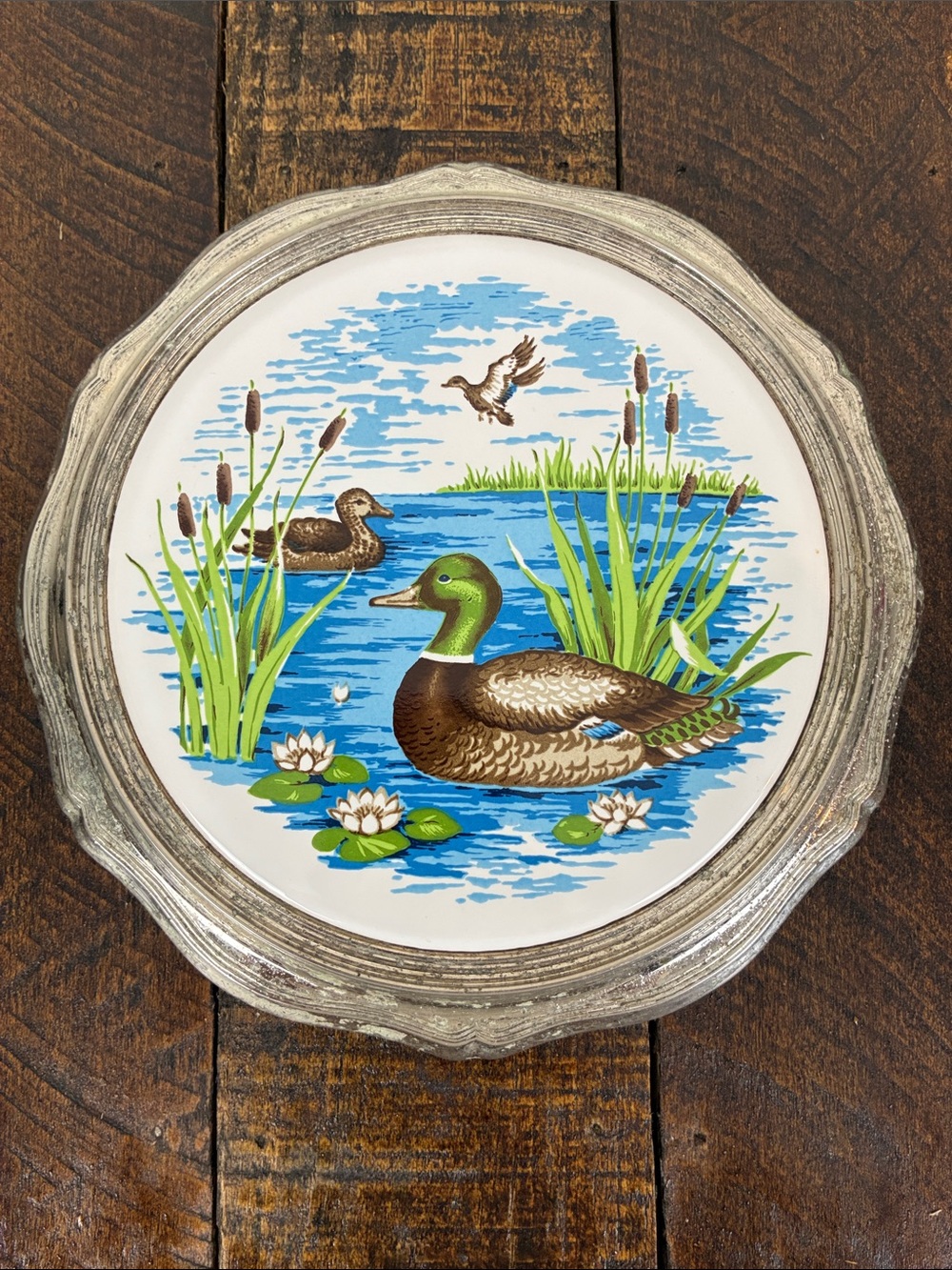 Mid-Century Duck Pond Trivet Plate w/Silver Plated Rim Crown Japan Mallard 1970s